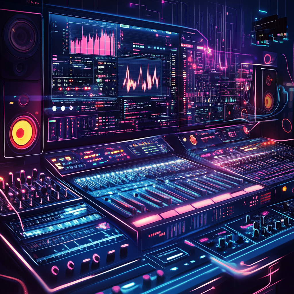 Futuristic music studio with glowing soundwaves and equipment.