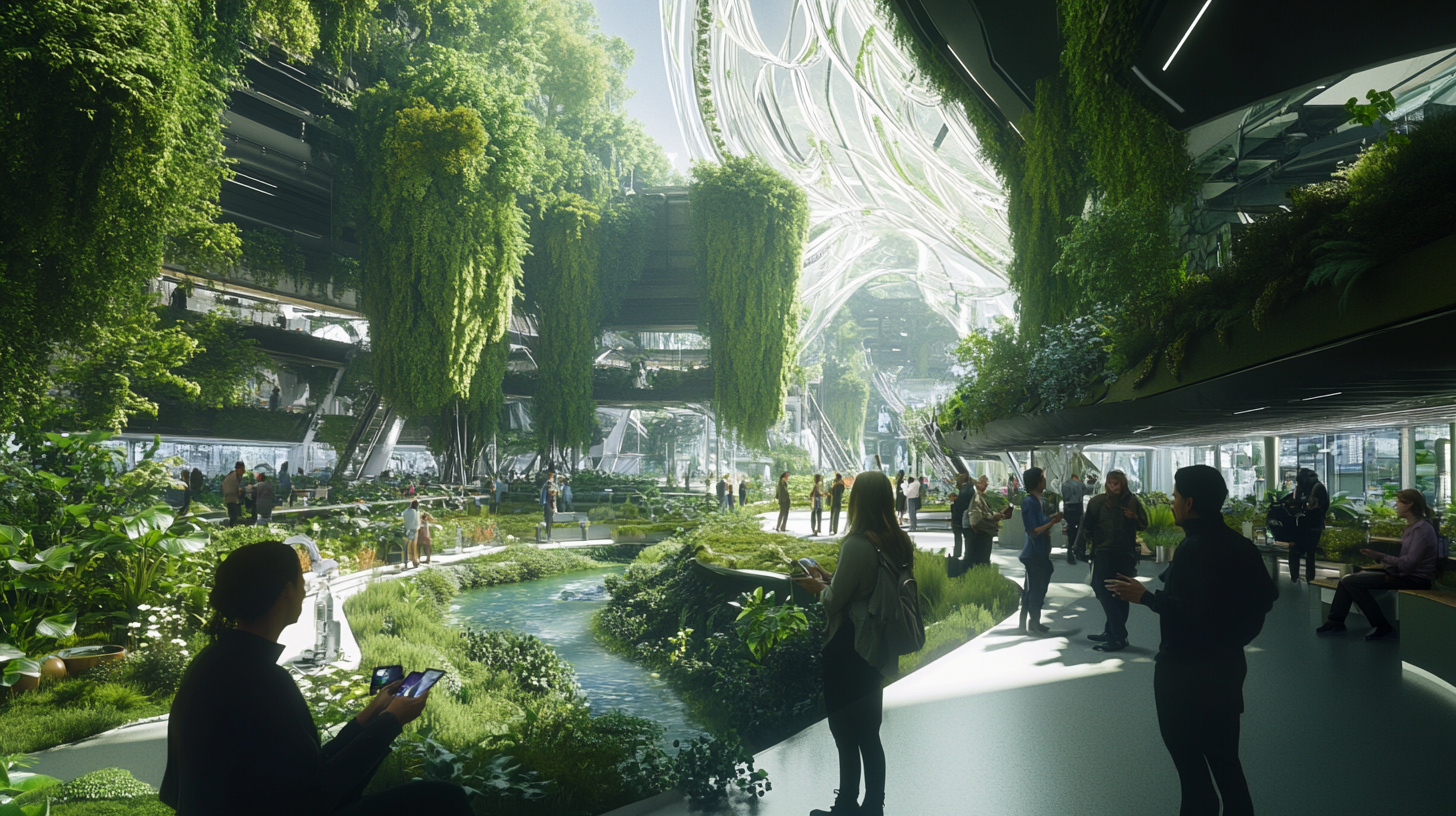 Futuristic nature city with eco-buildings and diverse communities.