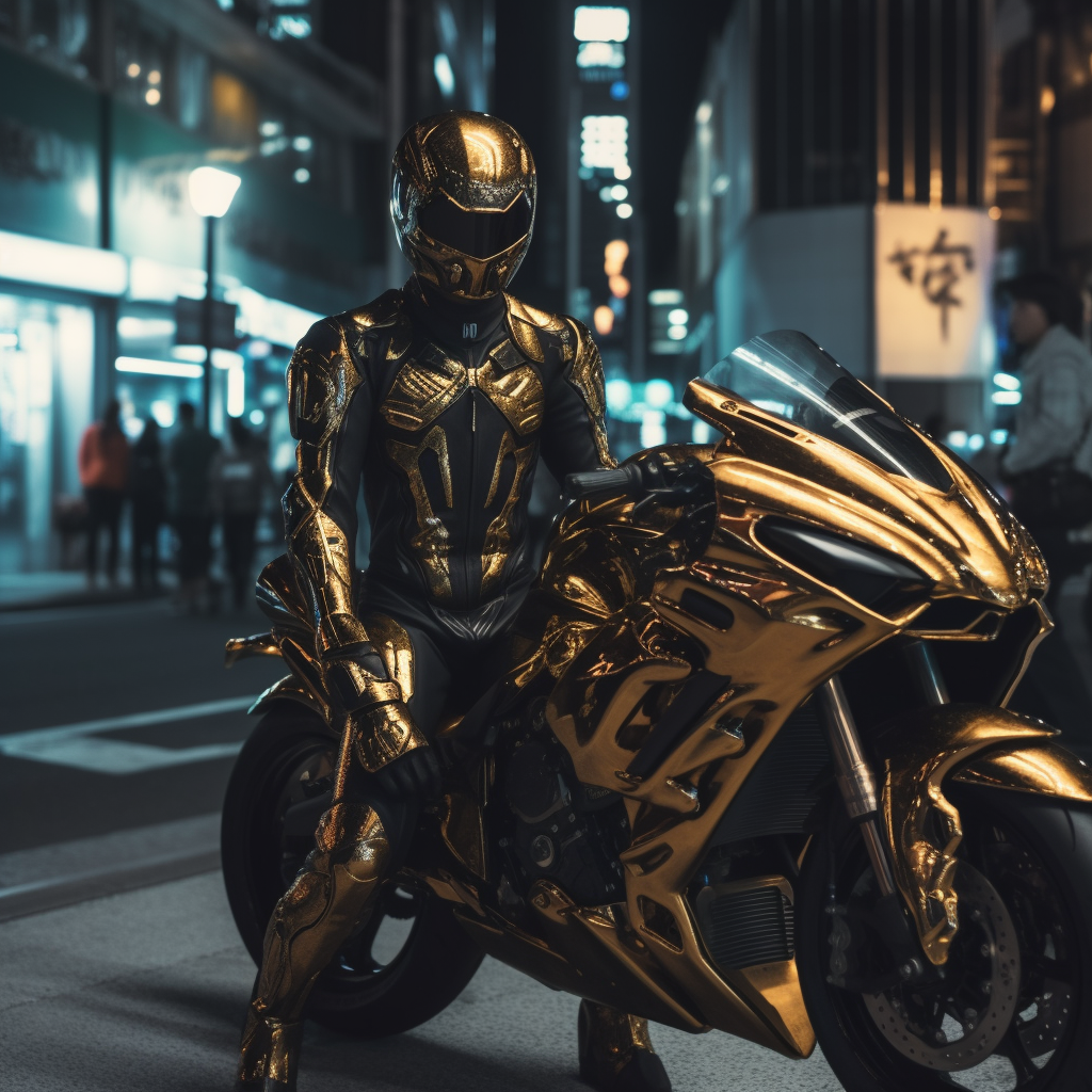 Futuristic neon motorcycle with gold armor body in Tokyo.