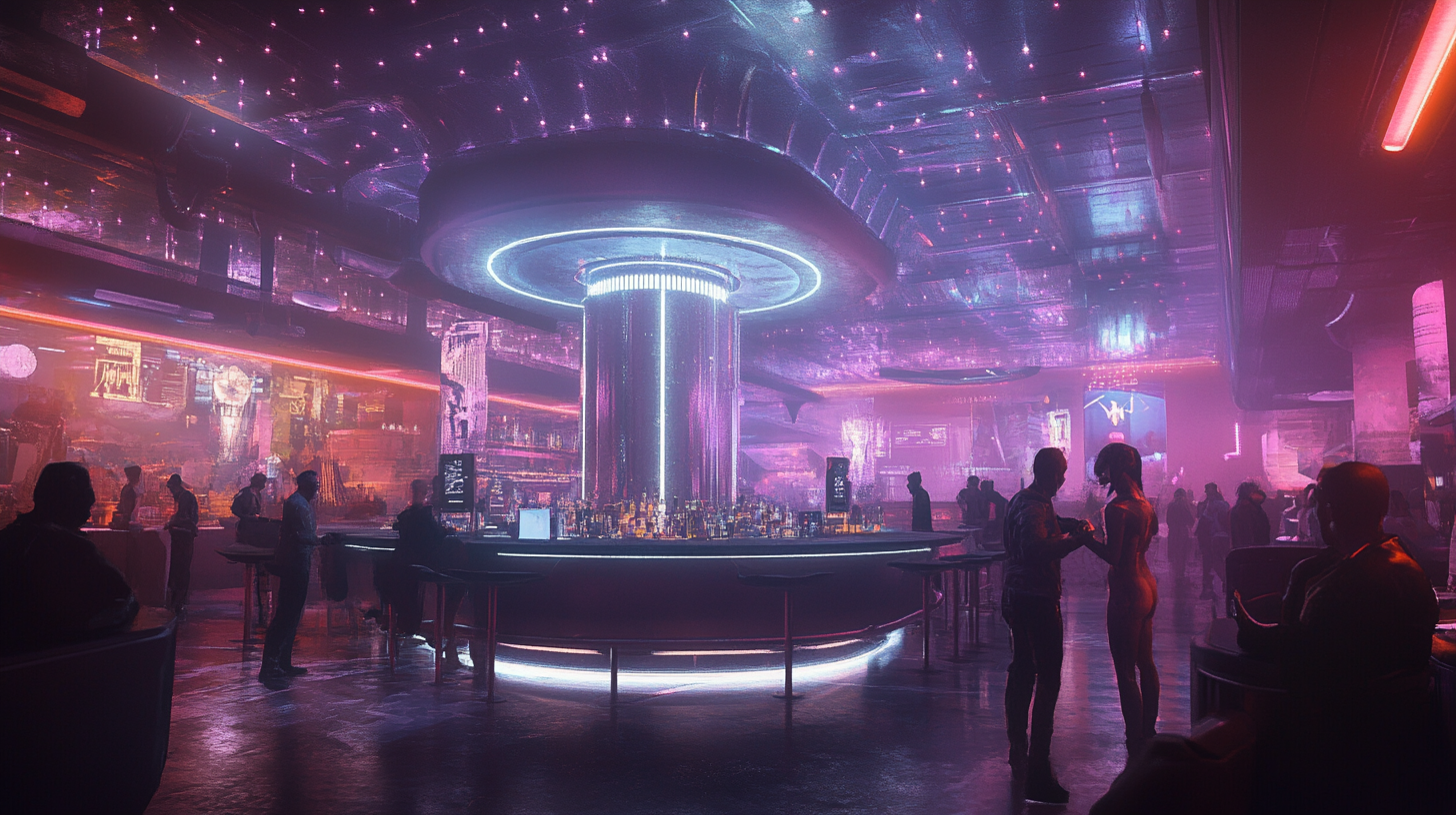 Futuristic night club with bar, dancers, seedy atmosphere.