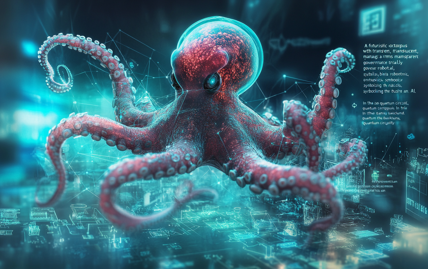 Futuristic octopus with glowing arms managing transparent governance nodes.