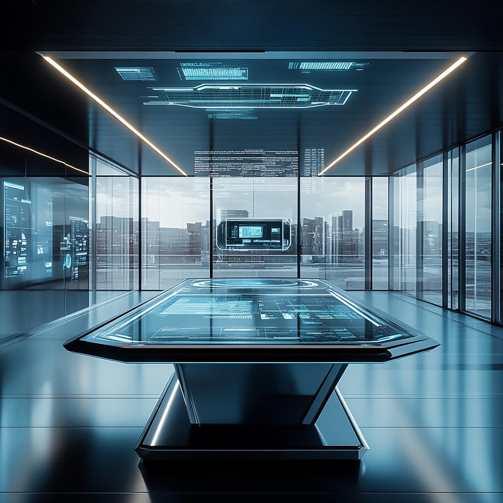 Futuristic office with digital screen and holographic data.