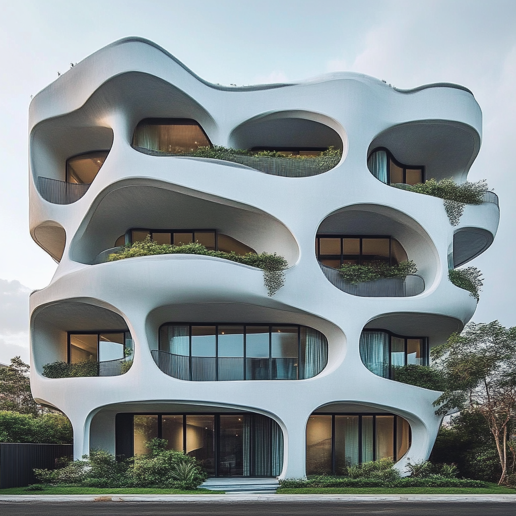 Futuristic rectangular building with organic-inspired white facade