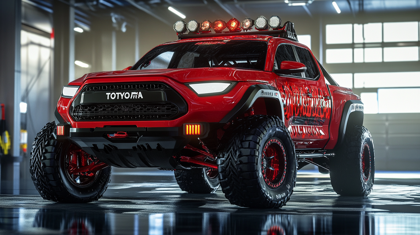 Futuristic red Toyota off-road truck in industrial garage