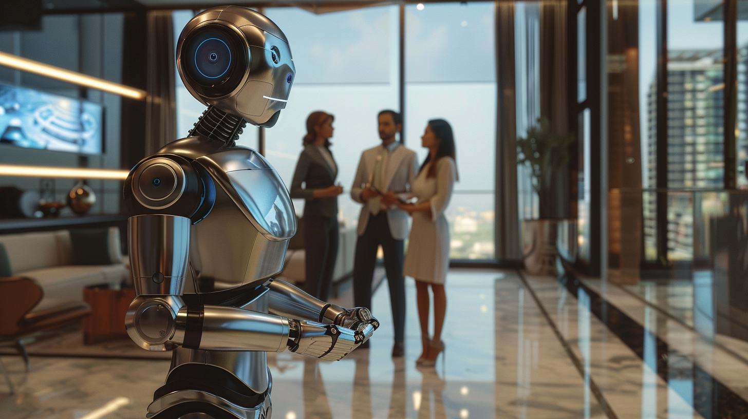 Futuristic robot helps couple choose luxury real estate.