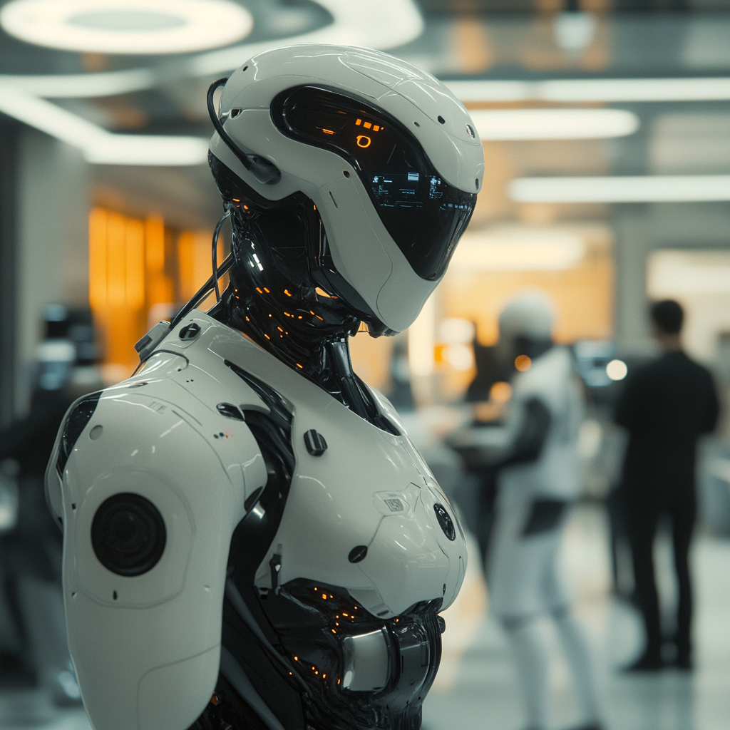 Futuristic robot outperforming human employees in sci-fi workplace.