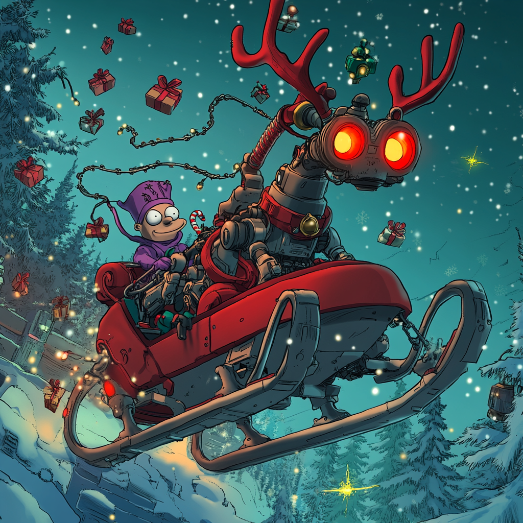 Futuristic robot reindeer pulls sleigh with Santa and alien.