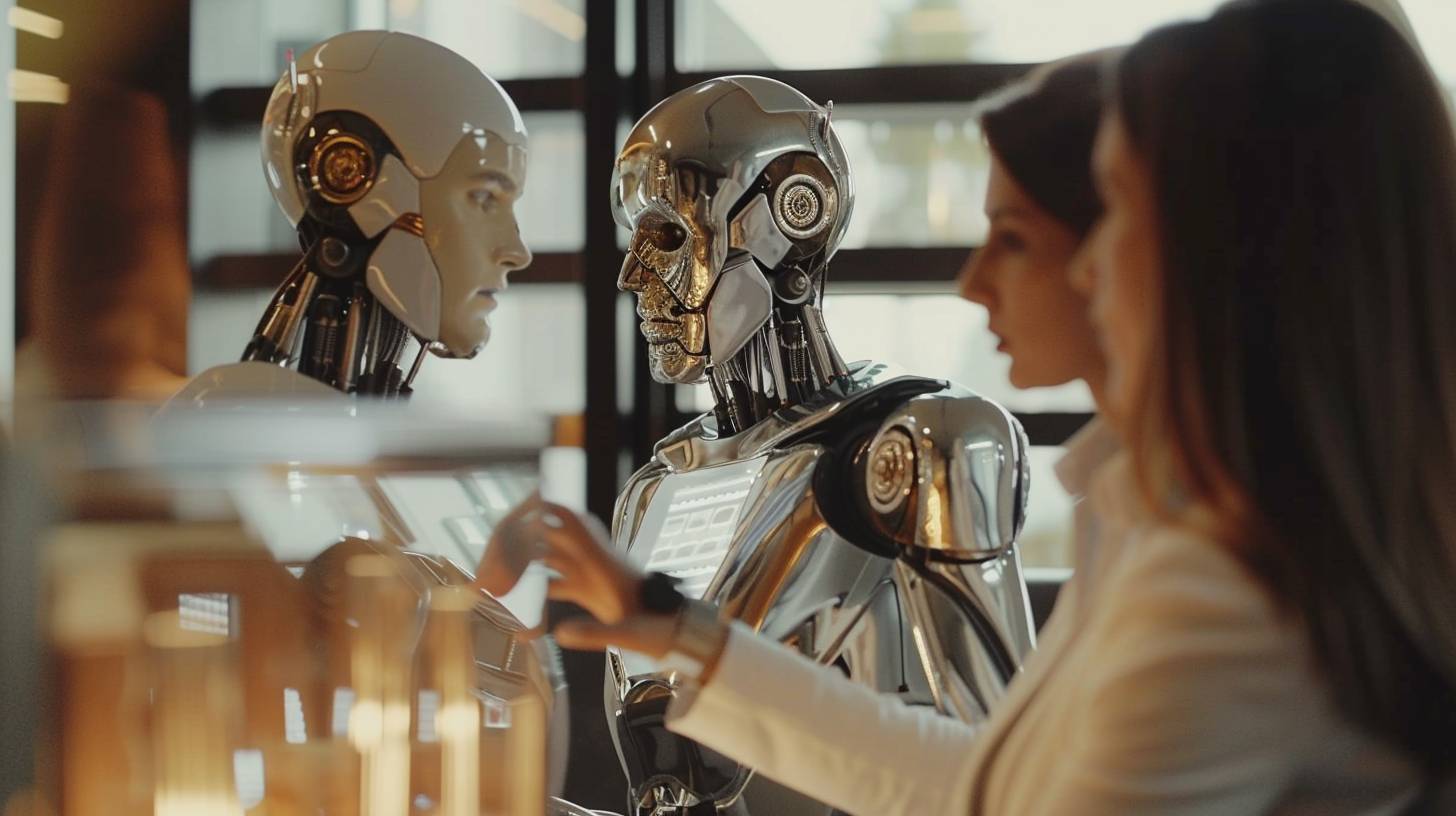 Futuristic robot shows luxury property to couple.