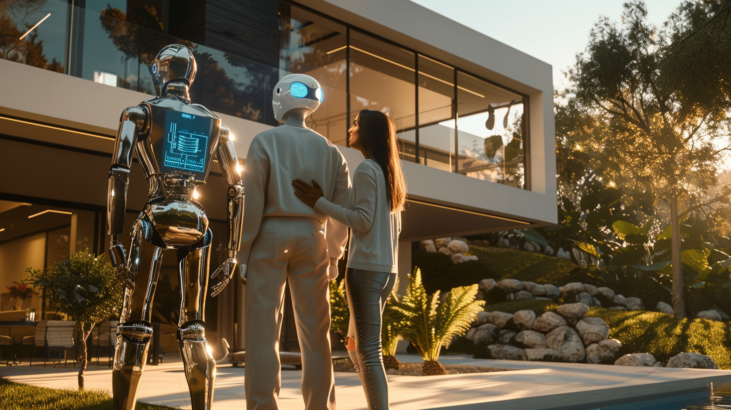 Futuristic robot shows luxury villa to intrigued couple.