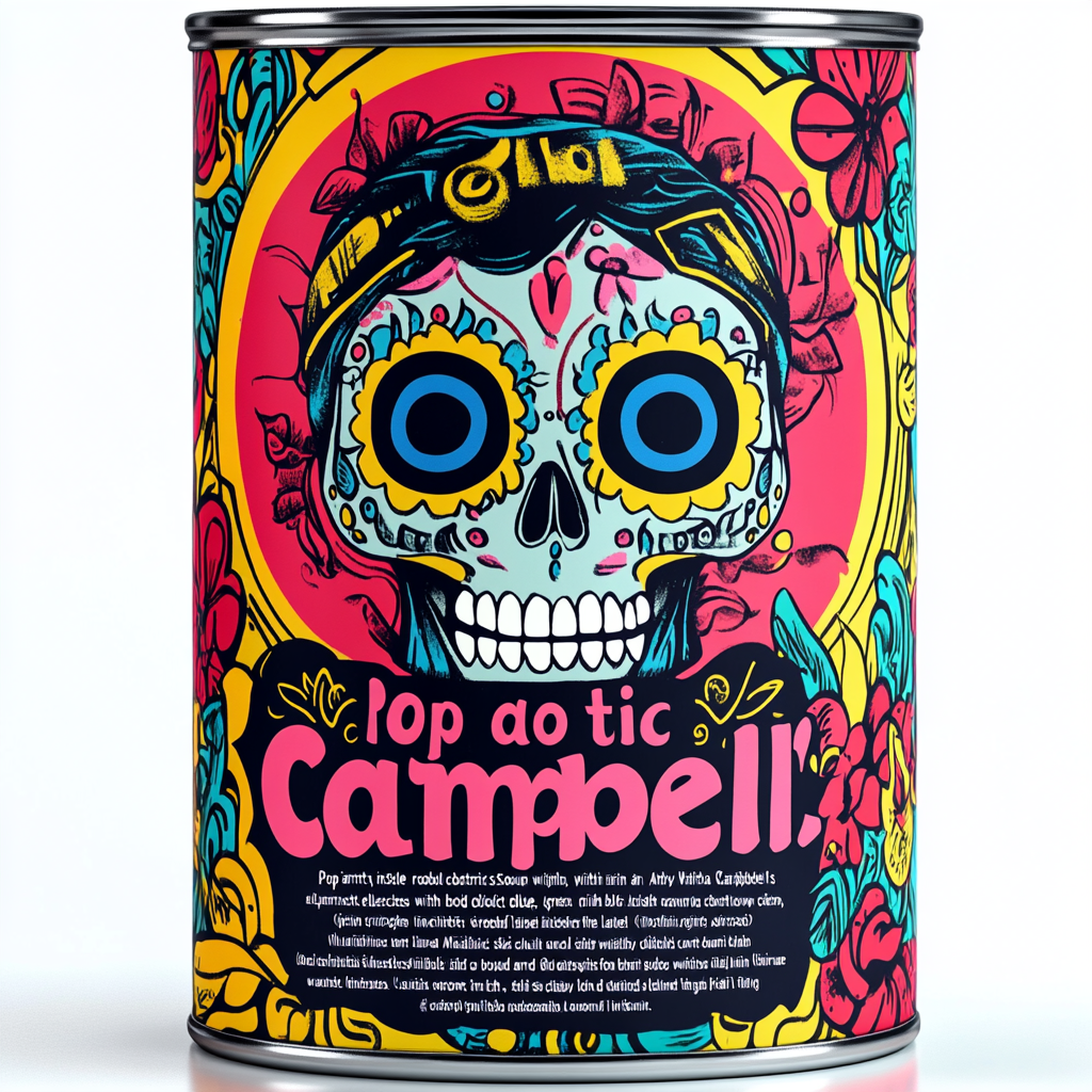 Futuristic robotic Catrina in colorful soup can art