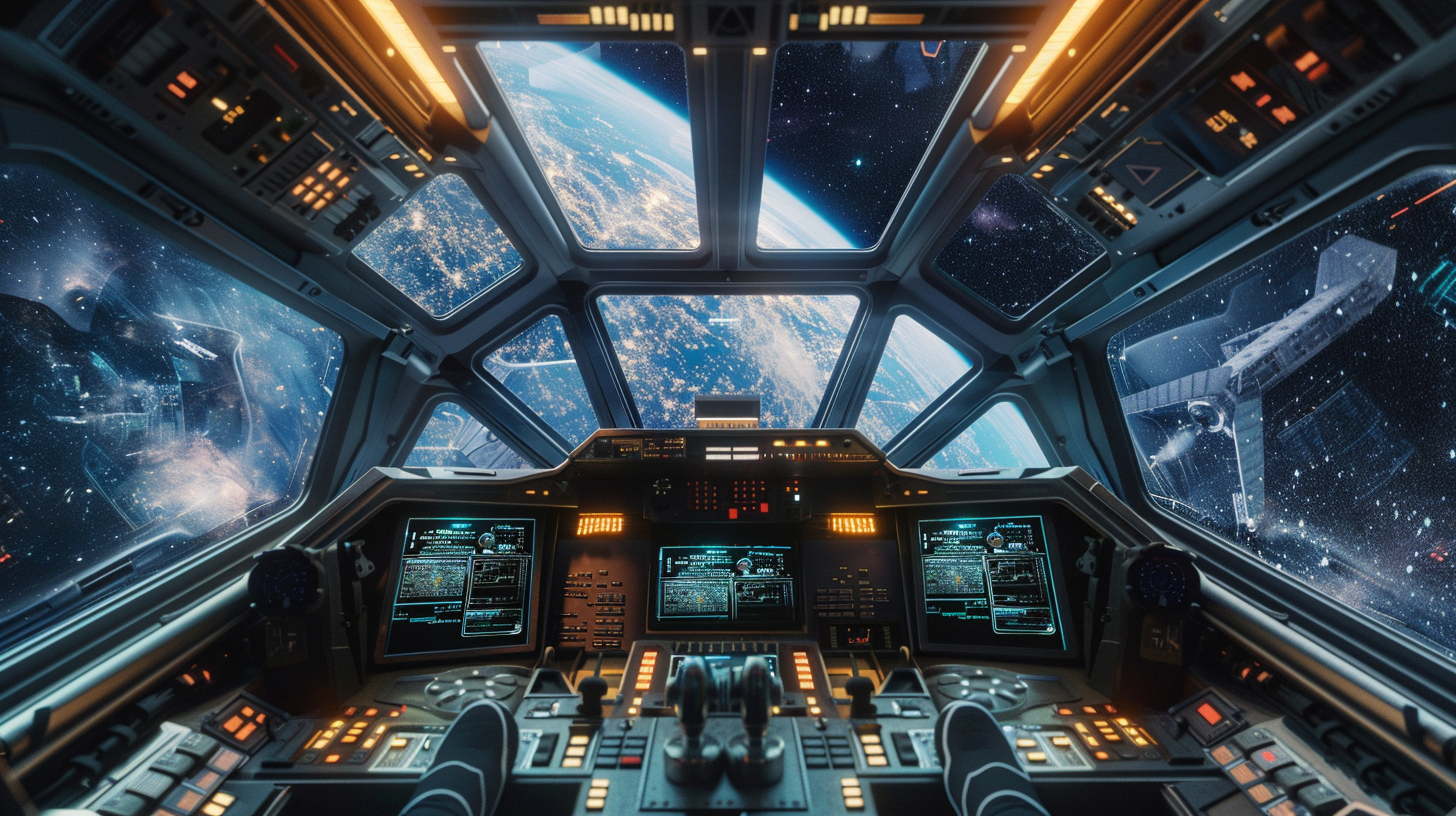 Futuristic spaceship cockpit with 3 big digital screens.