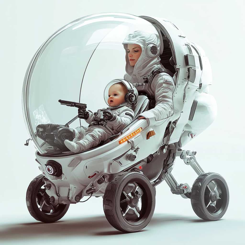 Futuristic stroller with armor, weapons, glass chamber, HVAC.