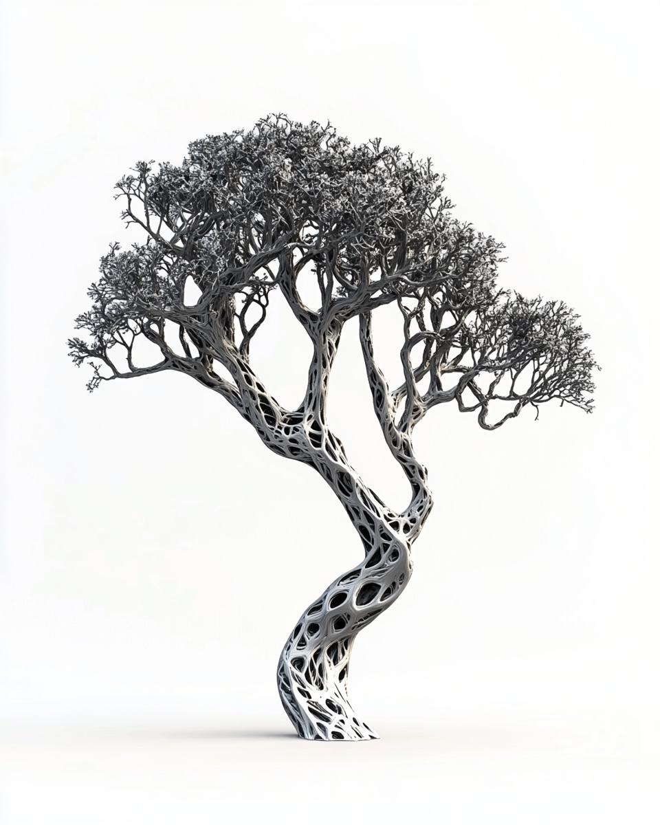 Futuristic surreal young tree with intricate details on white.