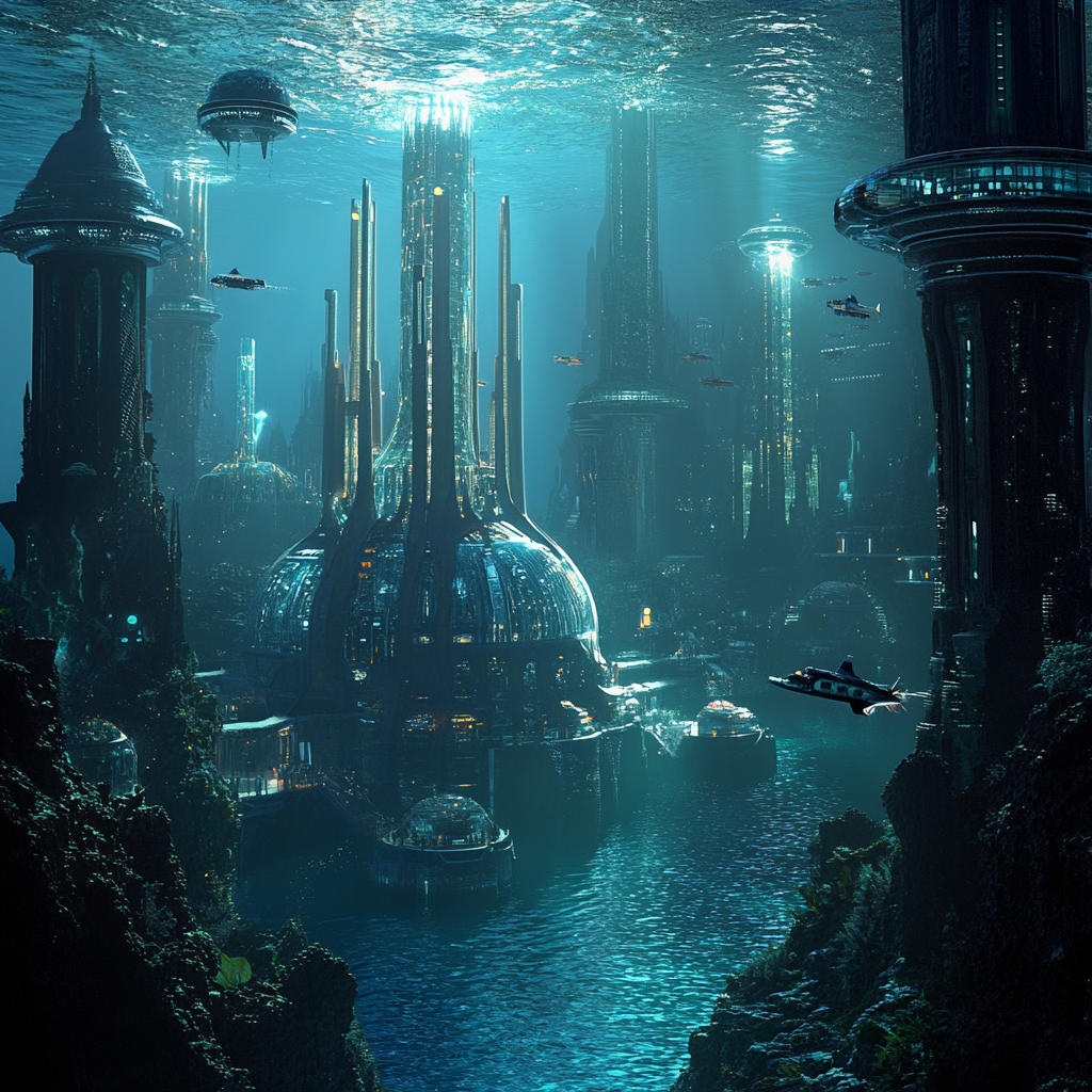 Futuristic underwater city with transparent domes, coral reefs, symbols.