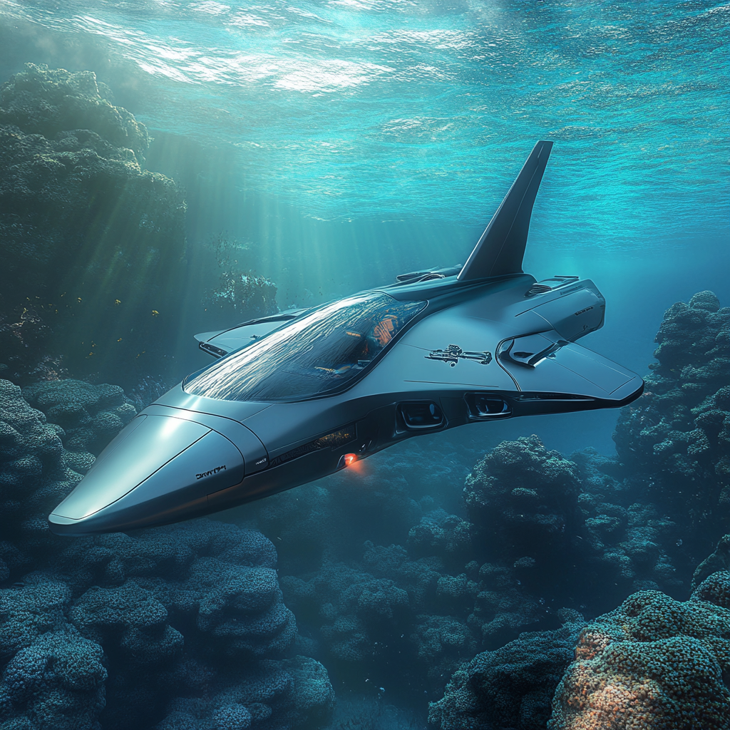 Futuristic underwater fighter vehicle with special windscreen