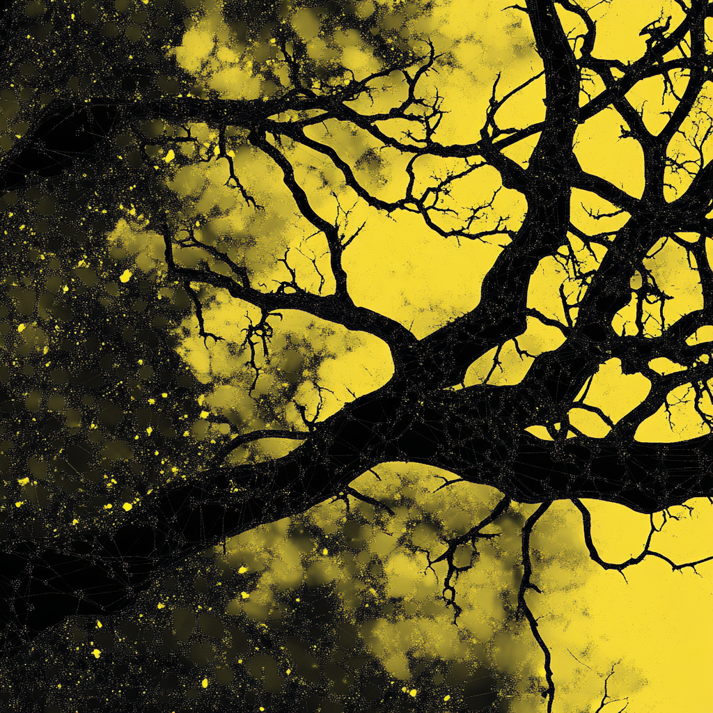 Futuristic wireframe tree branch on yellow and black background.