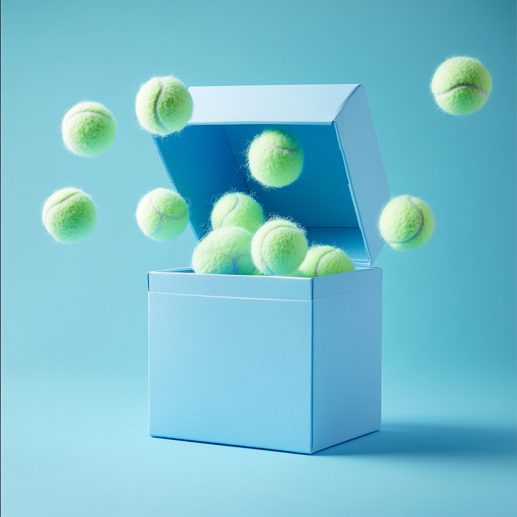 Fuzzy Tennis Balls Bouncing from Baby Blue Gift Box