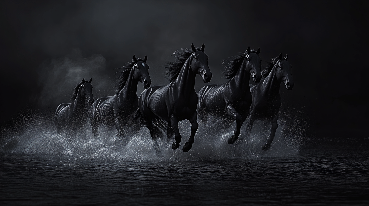 Galloping horses in dark, dreamy, mysterious atmosphere, intense strength.