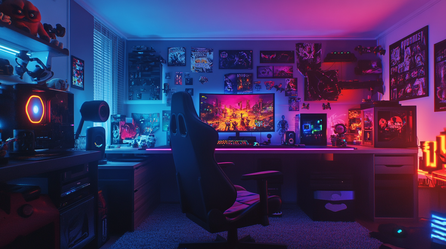 Gaming room filled with toys and gaming references.