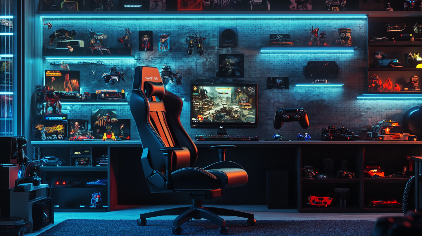 Gaming room with RGB lighting, wall filled with toys.