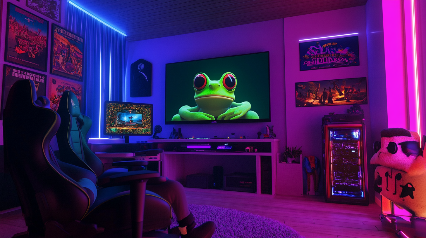 Gaming room with RGB lights, gaming decorations, cinematic.