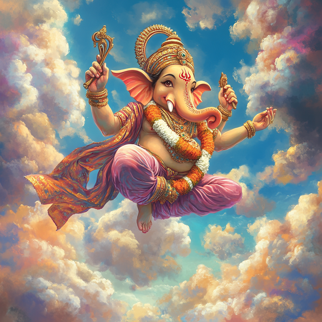 Ganesh flying in colorful, traditional Indian art style.