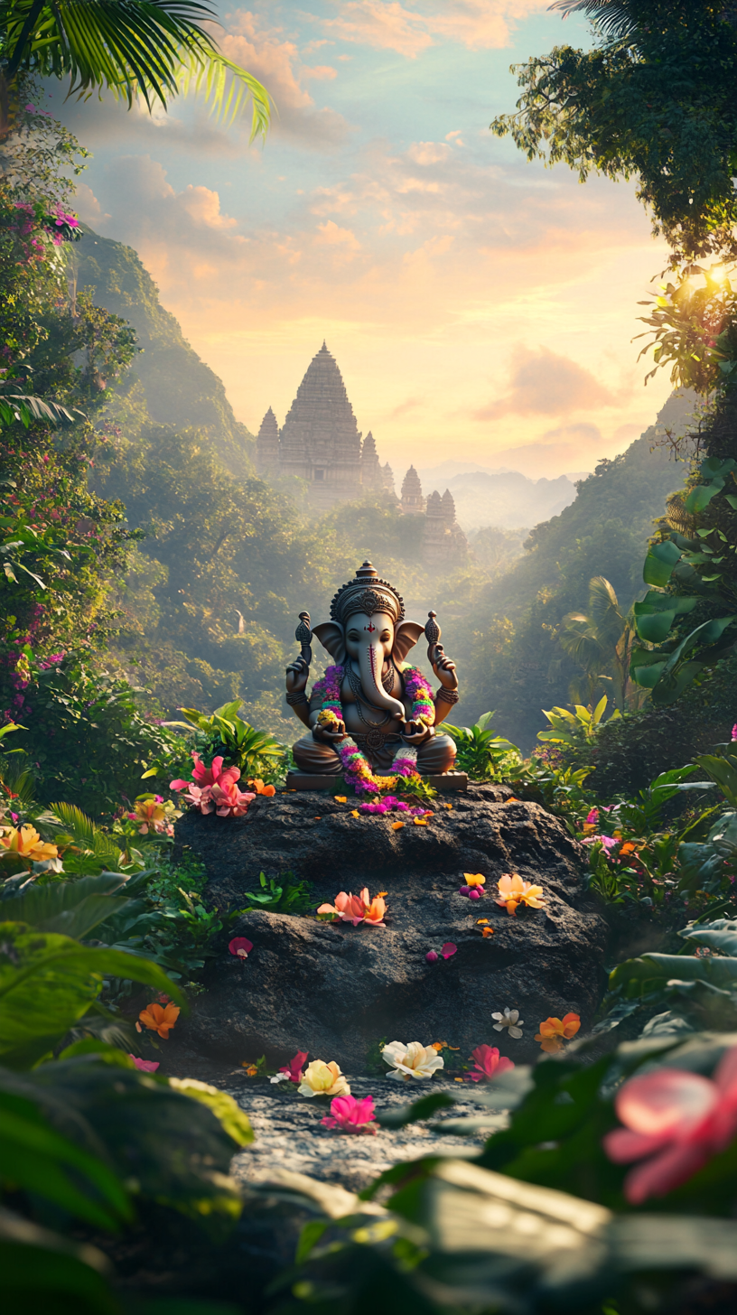 Ganesh idol in lush valley, Indian celebration at dawn.