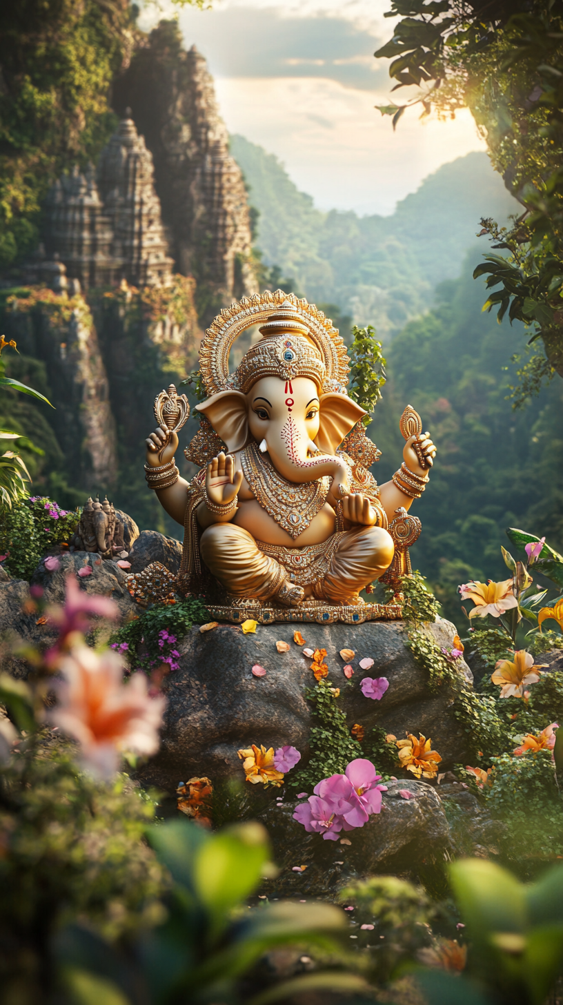 Ganesh idol on rock in lush valley, Indian celebration.