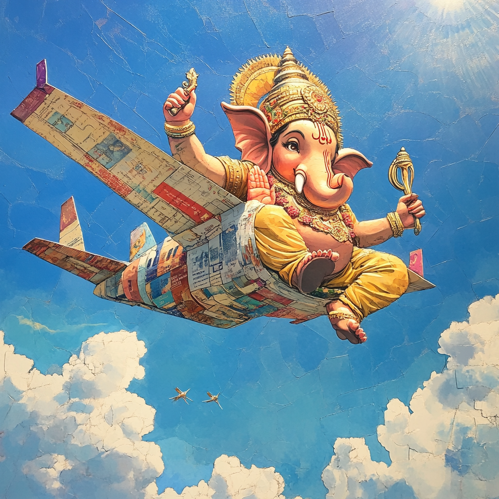 Ganesh on passport airplane, whimsical, playful, vibrant, sky.