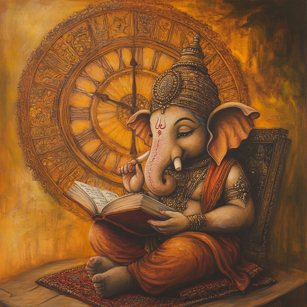 Ganesha Holding Open Book Next to Mandala Clock