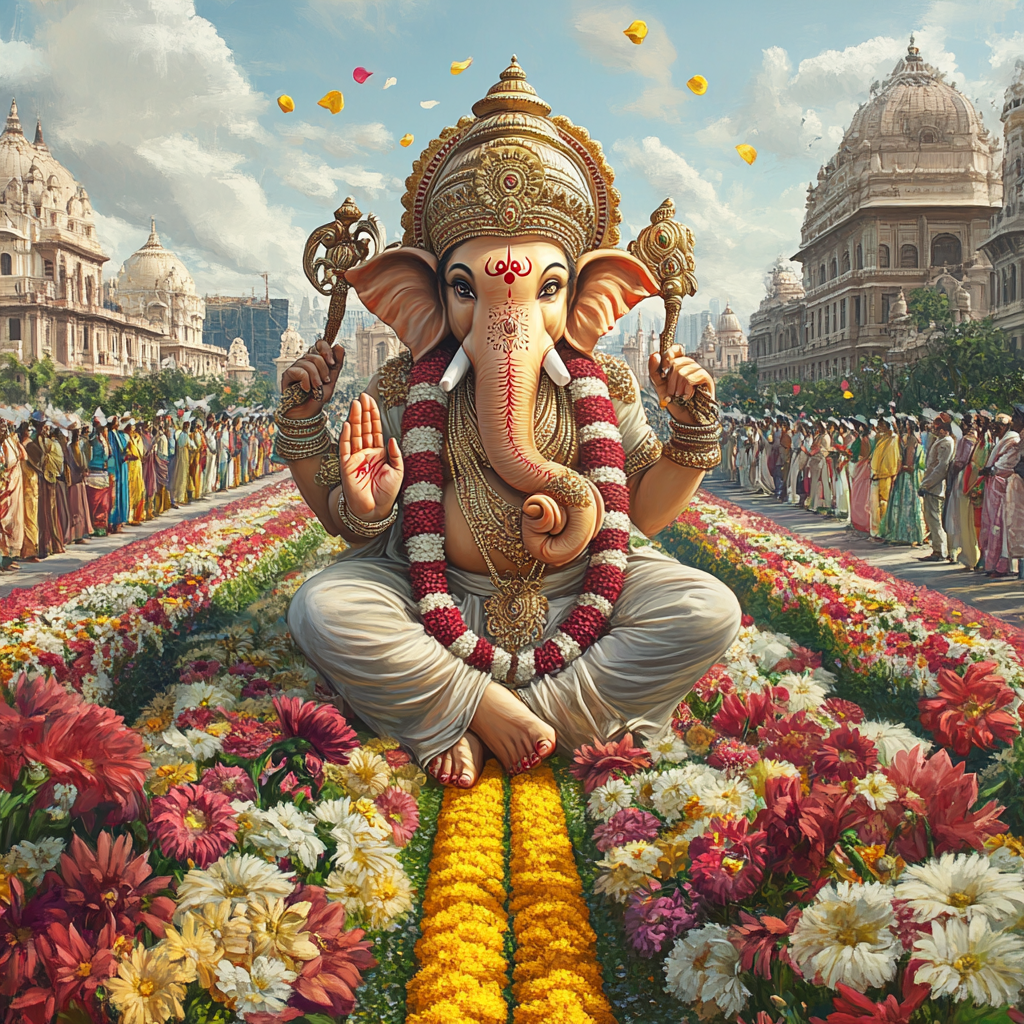 Ganesha adorned with jewels, Taj Mumbai background, flower-lined avenue.