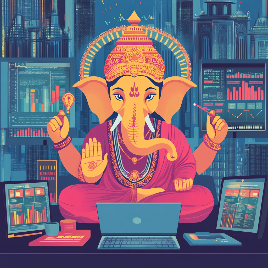 Ganesha analyzing digital marketing data in vibrant workspace.