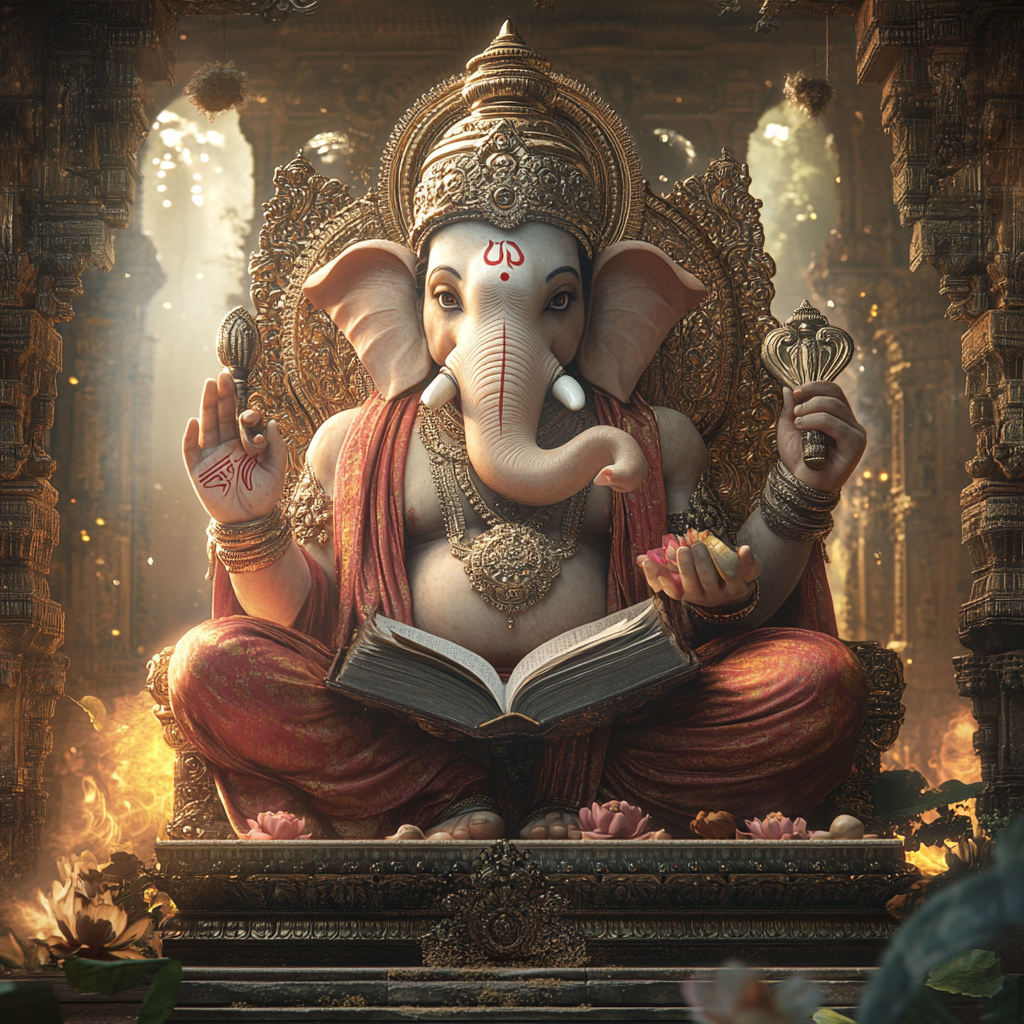 Ganesha in padamasan, 4 hands holding lotus, book.