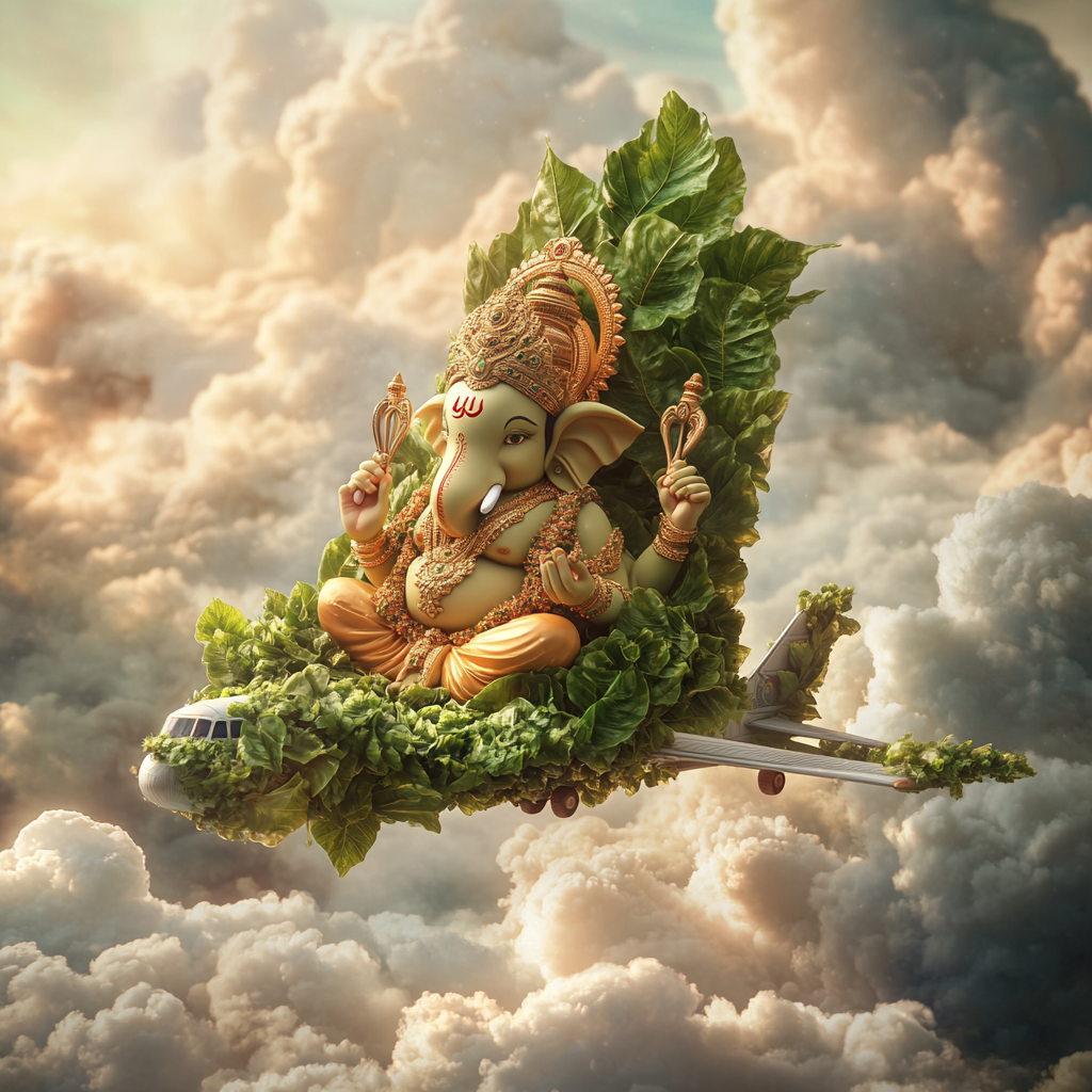 Ganesha made from leaves on airplane surrounded by clouds.