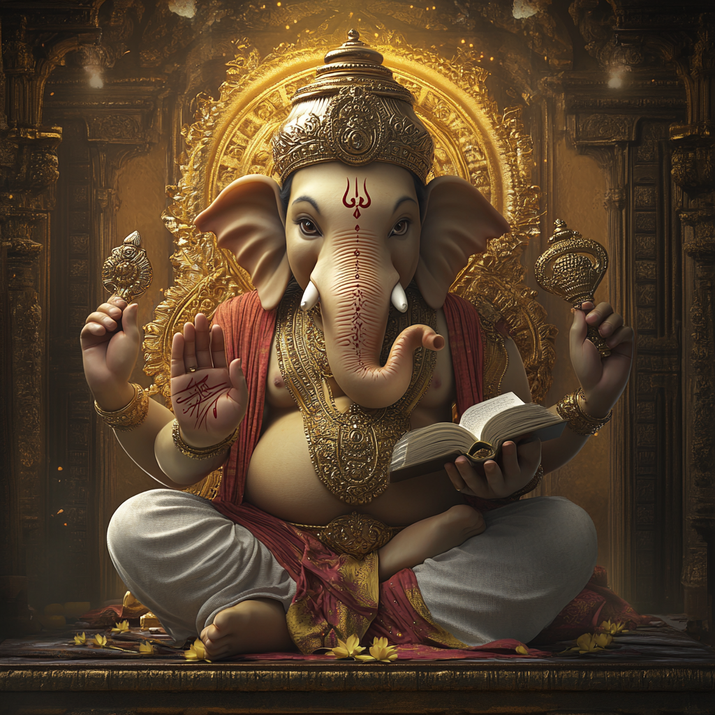 Ganesha sitting with four hands holding lotus, book.