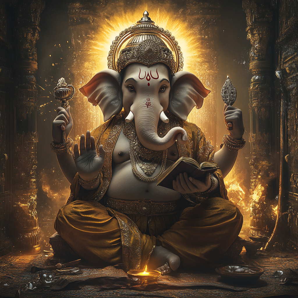 Ganesha with 4 hands, lotus, open book, elephant teeth.