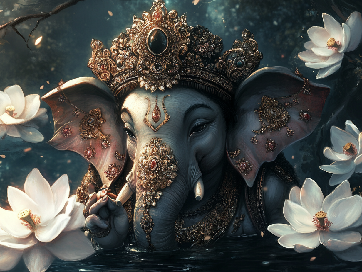 Ganesha with lotus, detailed digital art, majestic elephant.