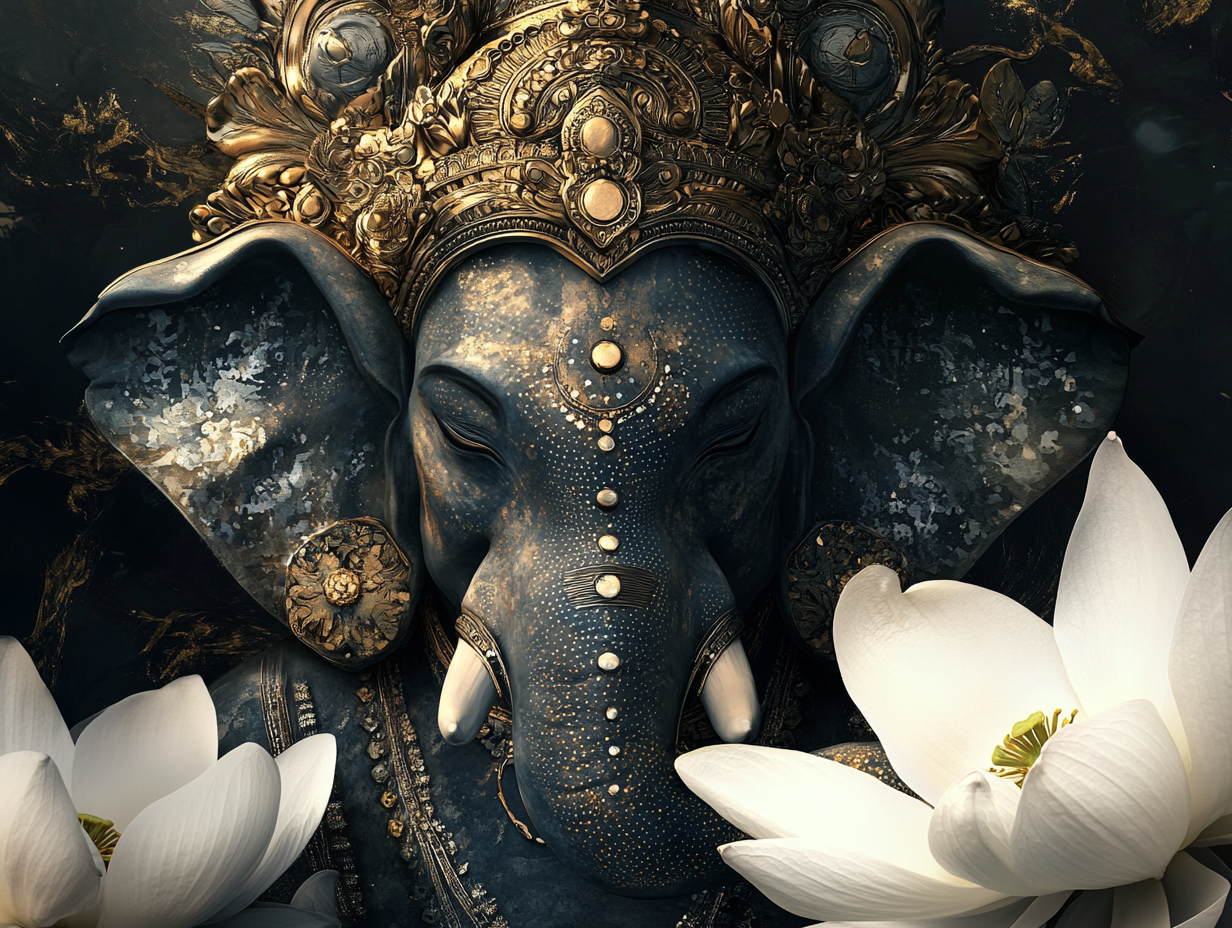 Ganesha with lotus flowers, detailed face, intricate details.