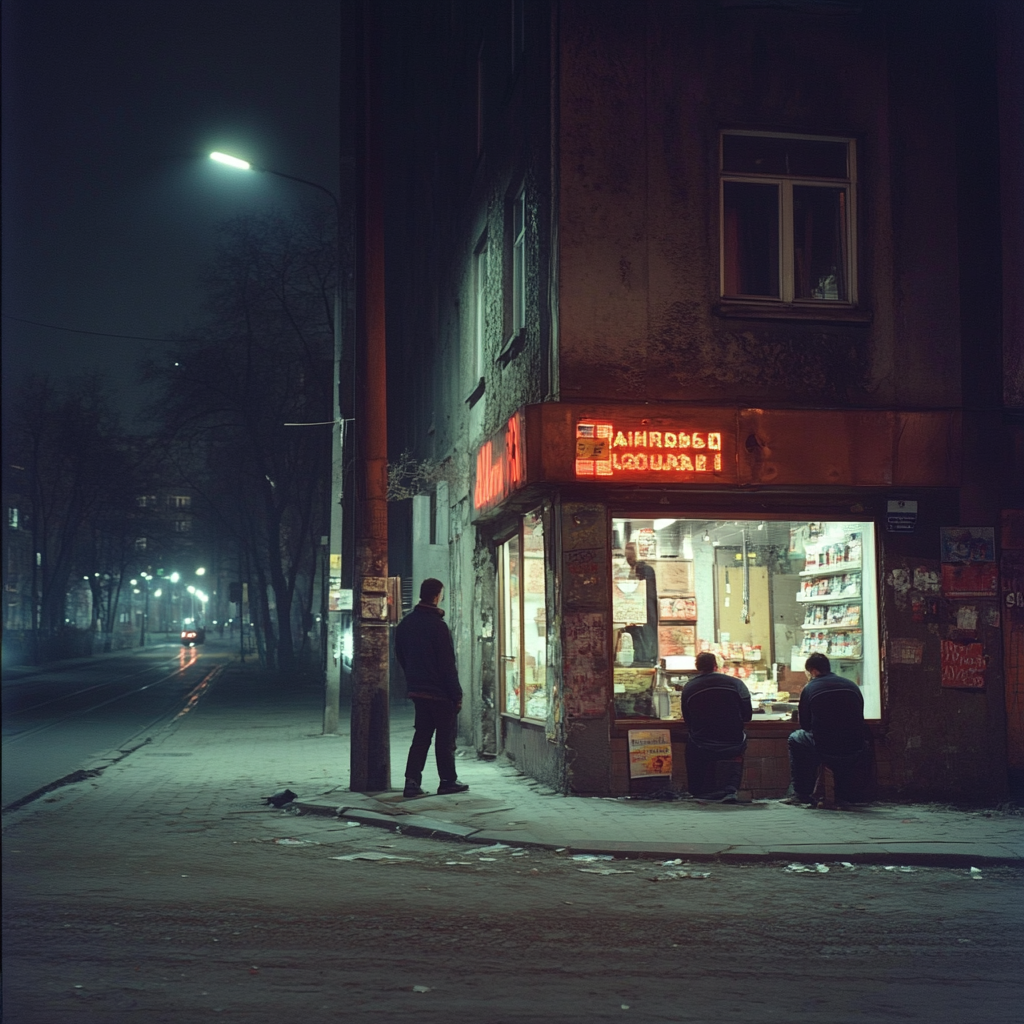 Gang members in 1990s Lodz neighborhood reminiscing at night.