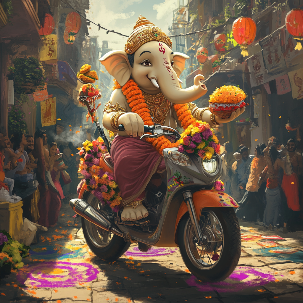 Ganpati Bappa on traditional Indian bike with decorations.