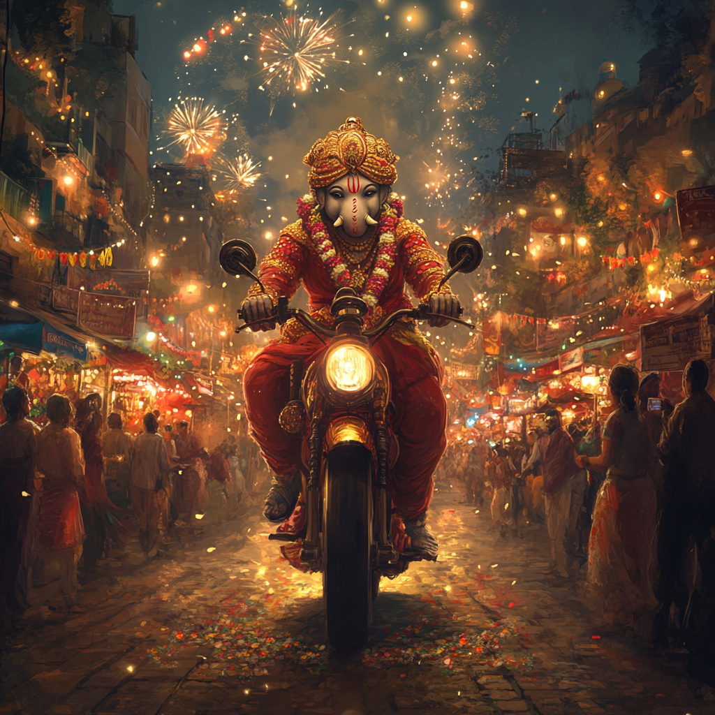 Ganpati Bappa rides festive motorcycle in decorated street.