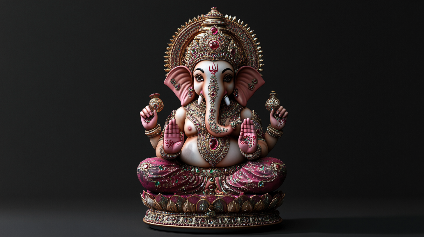 Ganpati idol with ruby, diamond, gemstones in 8k resolution.