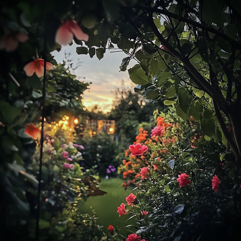 Garden at dusk: flowers closing, peaceful atmosphere, iPhone 15 