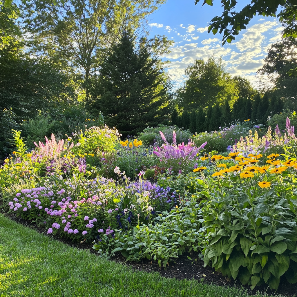 Garden with perennial flowers, sustainable, low-maintenance, iPhone 15 pro.