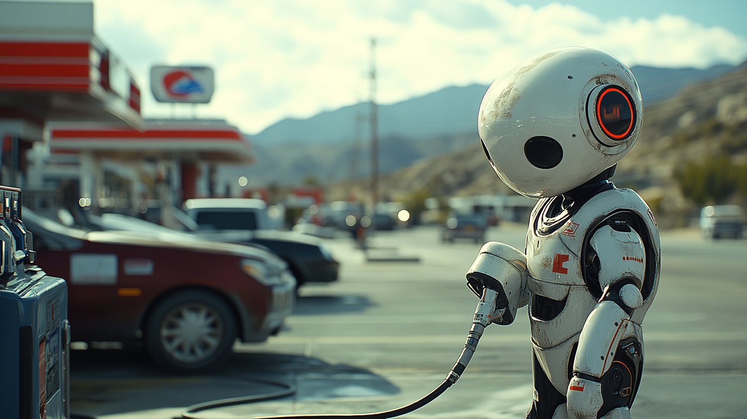 Gas station worker marshmallow fuels car with hose.