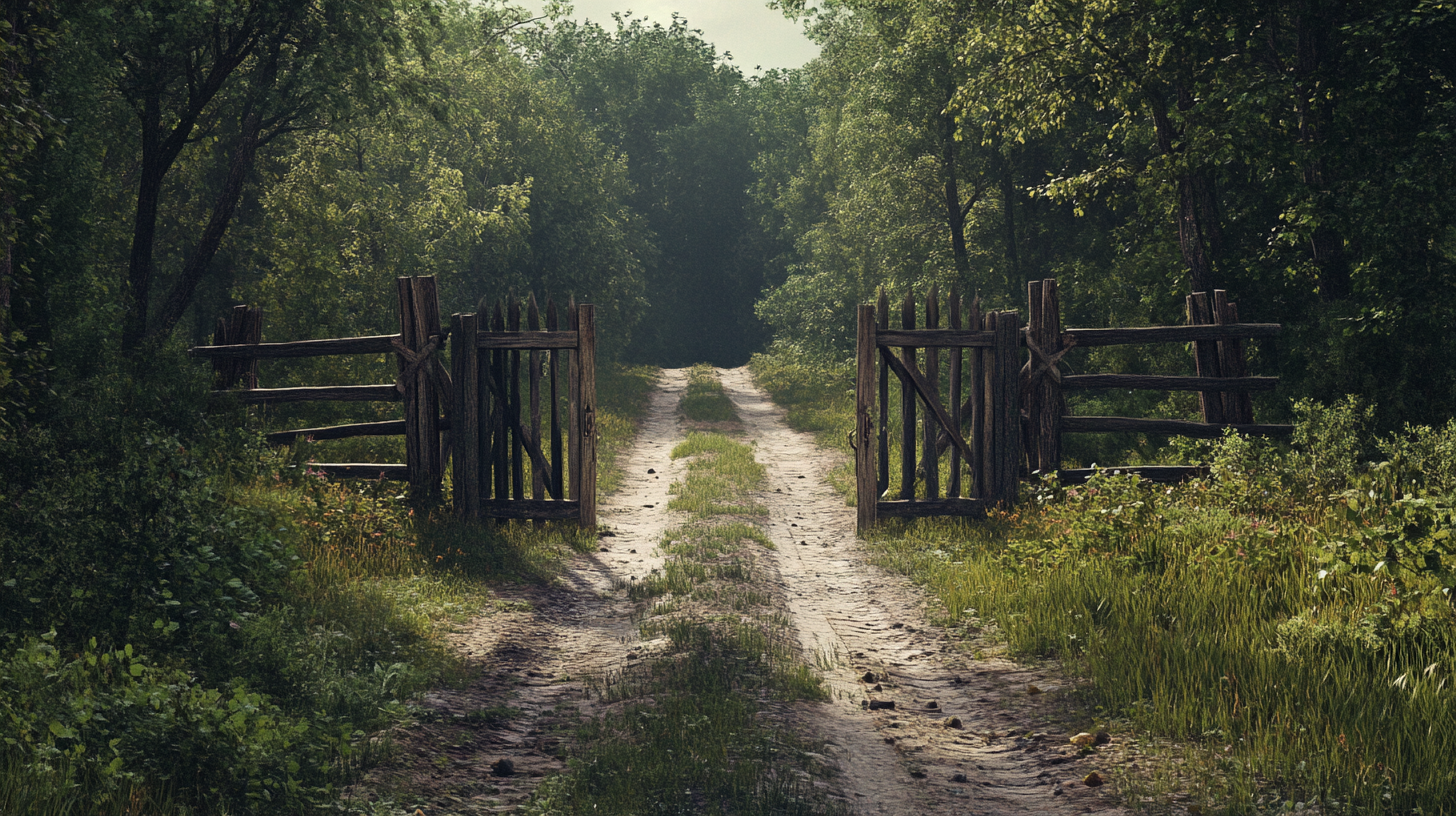 Gate blocking road through thick woods, medieval setting, hyperrealism.