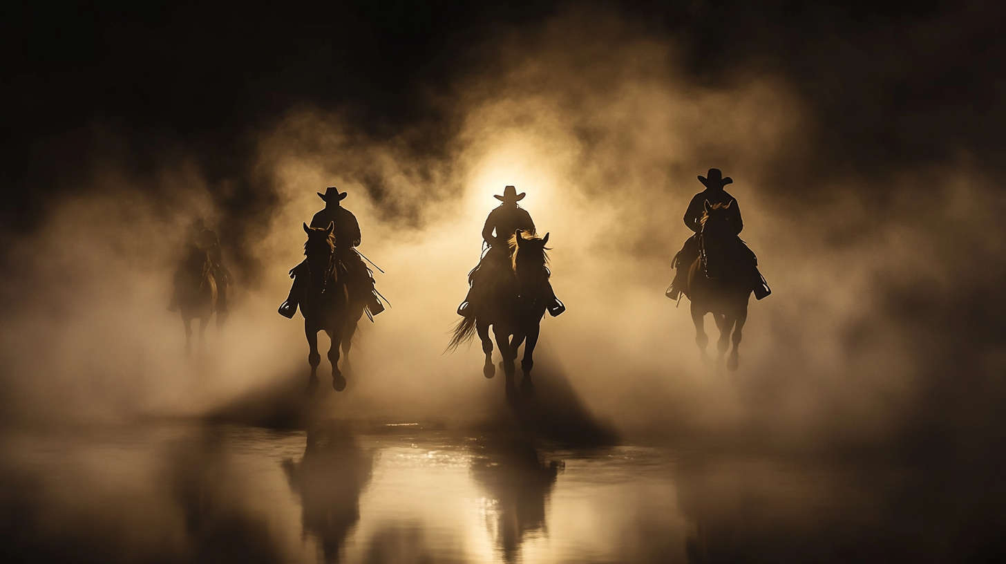 Gaucho-style horses and riders in misty, dramatic light.