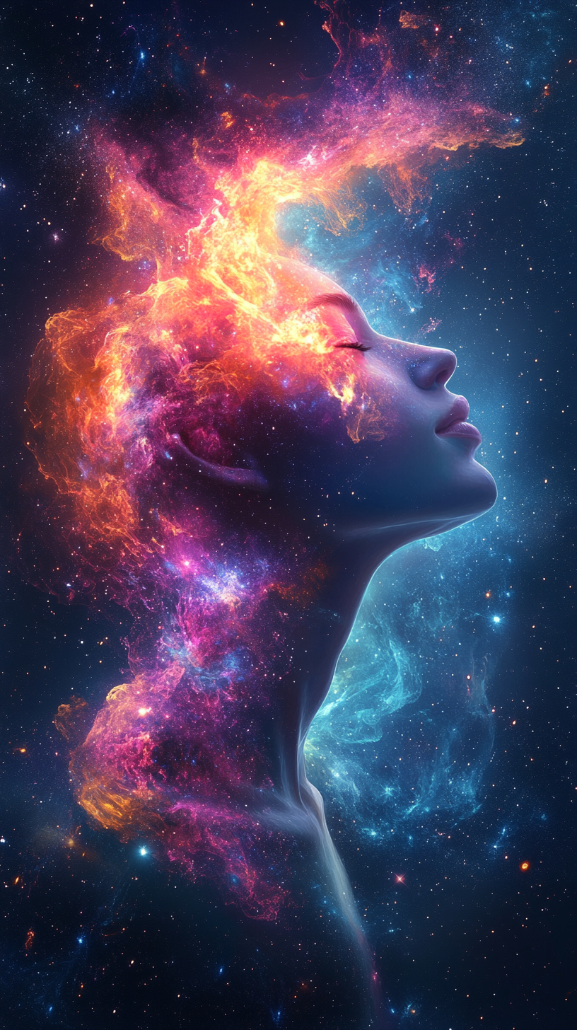 Gazing person with colorful cosmic cloud in night sky.