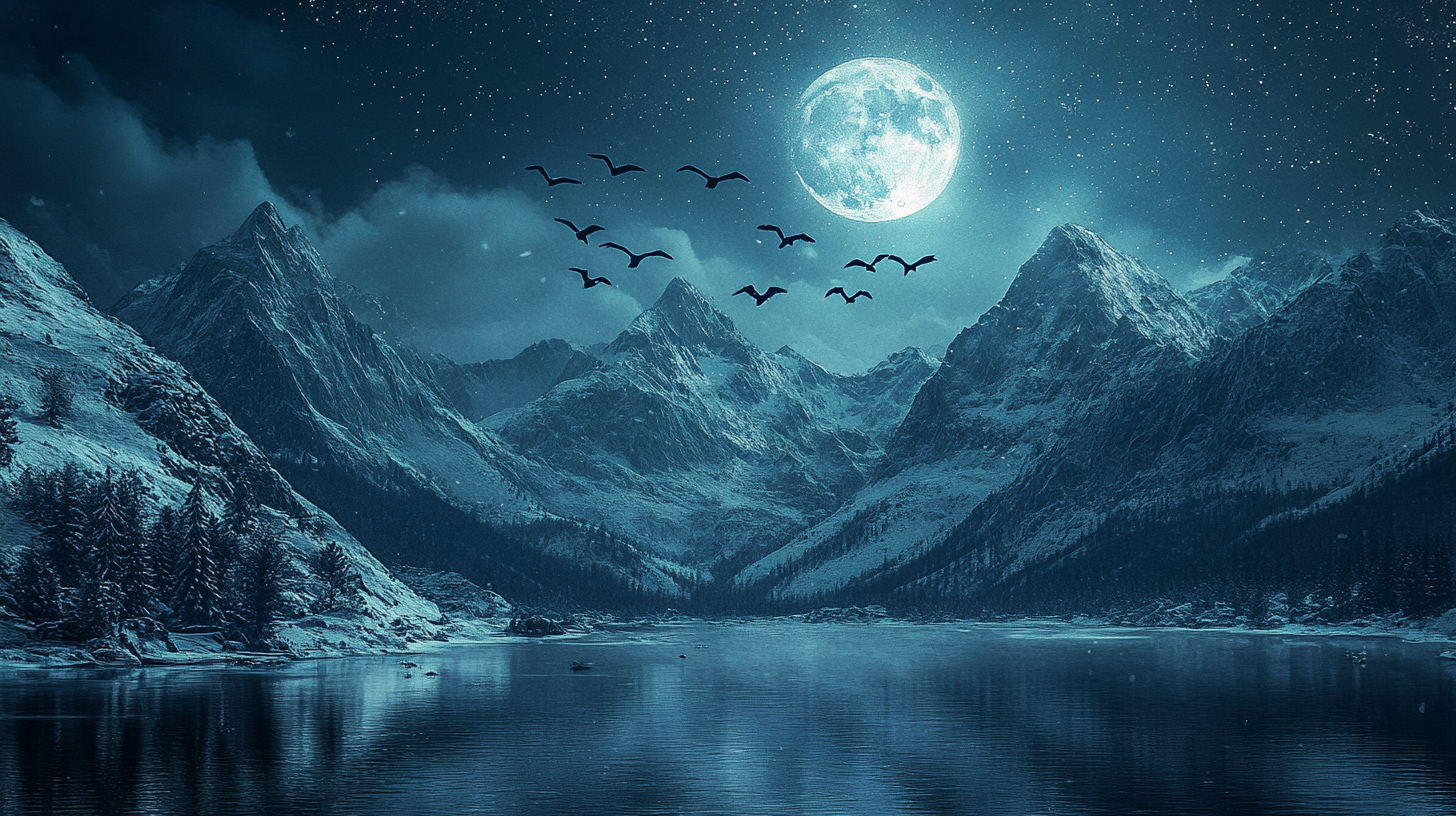 Geese fly over winter mountains at night. Stars sky.