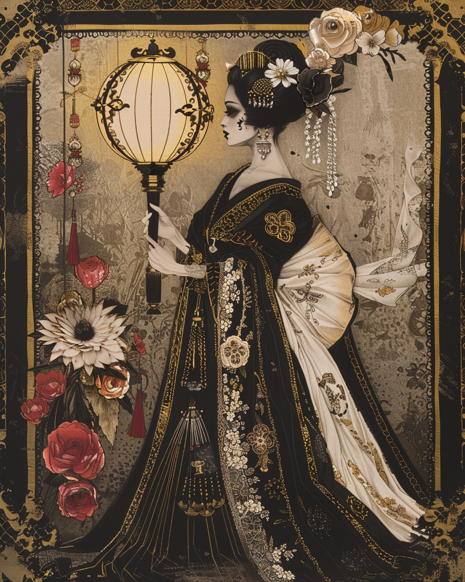 Geisha catrina in ornate outfit with Japanese lamp